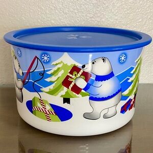 Retired Tupperware Polar Bear Holiday Storage Container with Blue Lid